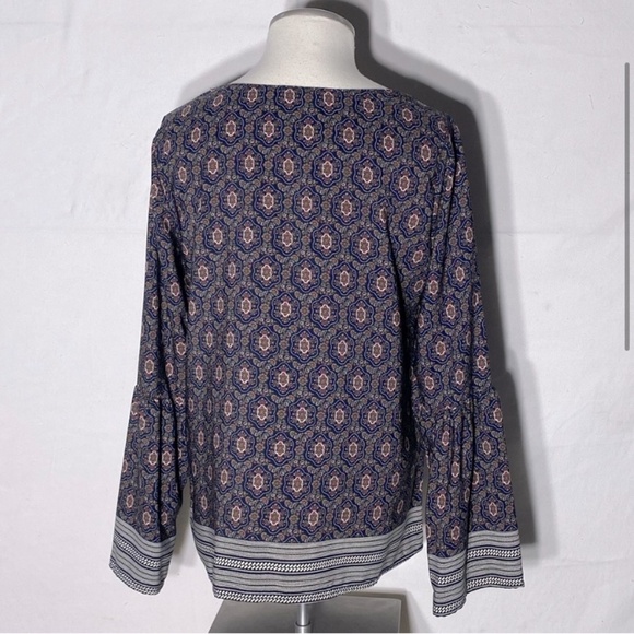 Les Amis Navy Blue Brown Cream Print Long Bell Sleeve Boho Blouse S - Picture 4 of 14